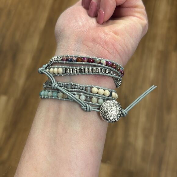 Bohemian Tribal Beaded Wrap Bracelet Blue Agate slice NEW - Picture 3 of 3